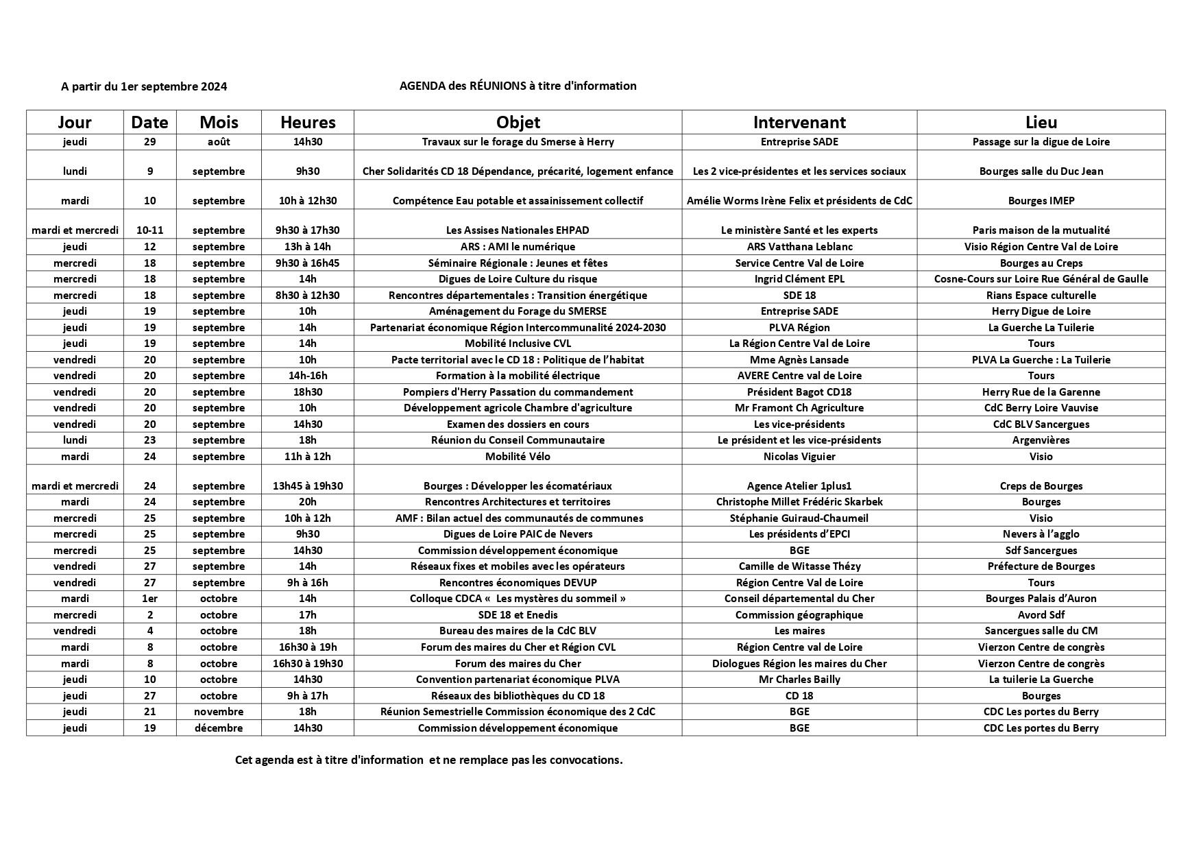 Agenda du 1er septembre 2024